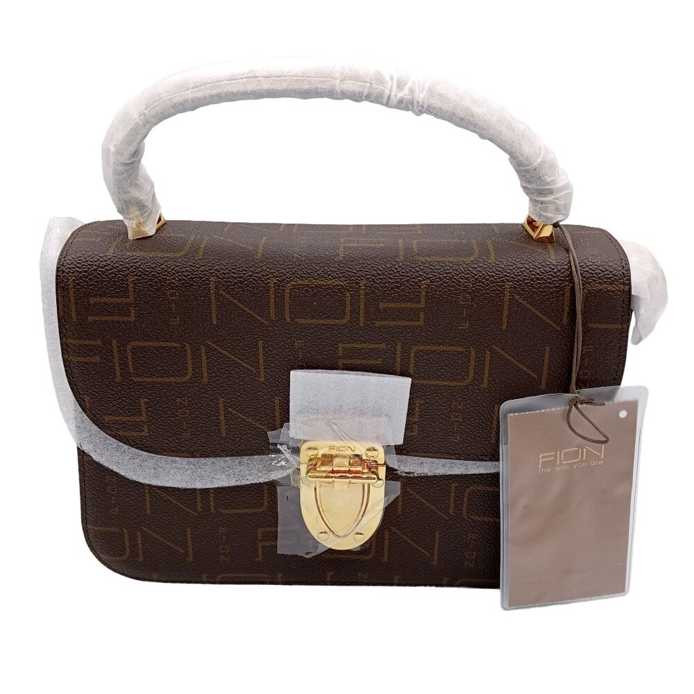 FION HK Monogram Small Leather Crossbody Mini Tote Brown Bag NWT
